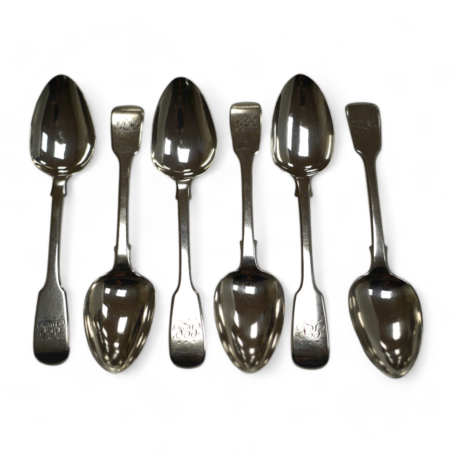 A set of six George IV silver fiddle pattern dessert spoons, John Hawkins, London, 1828, 16.7cm, 7oz. Condition - fair